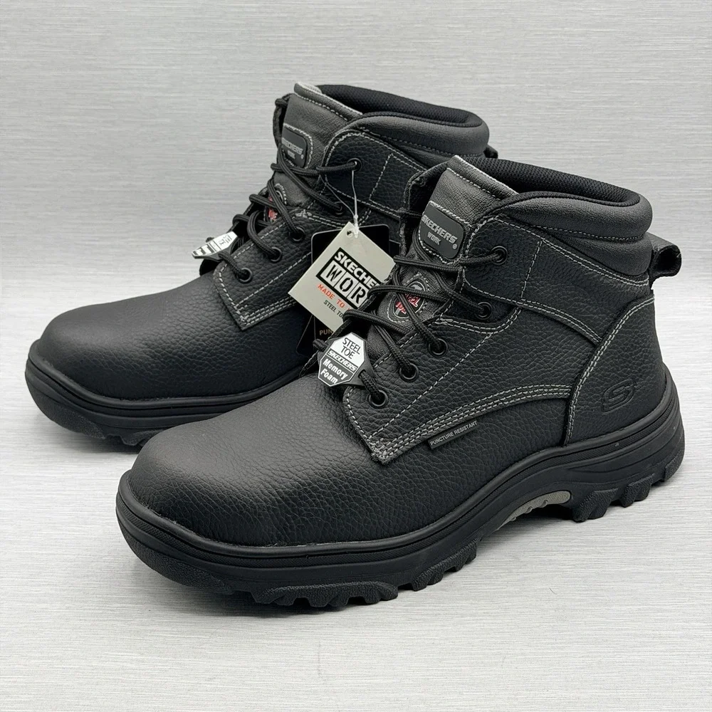 Skechers Men's Boots 13 Safety Steel Toe Black Leather Water Repellent Comfort
